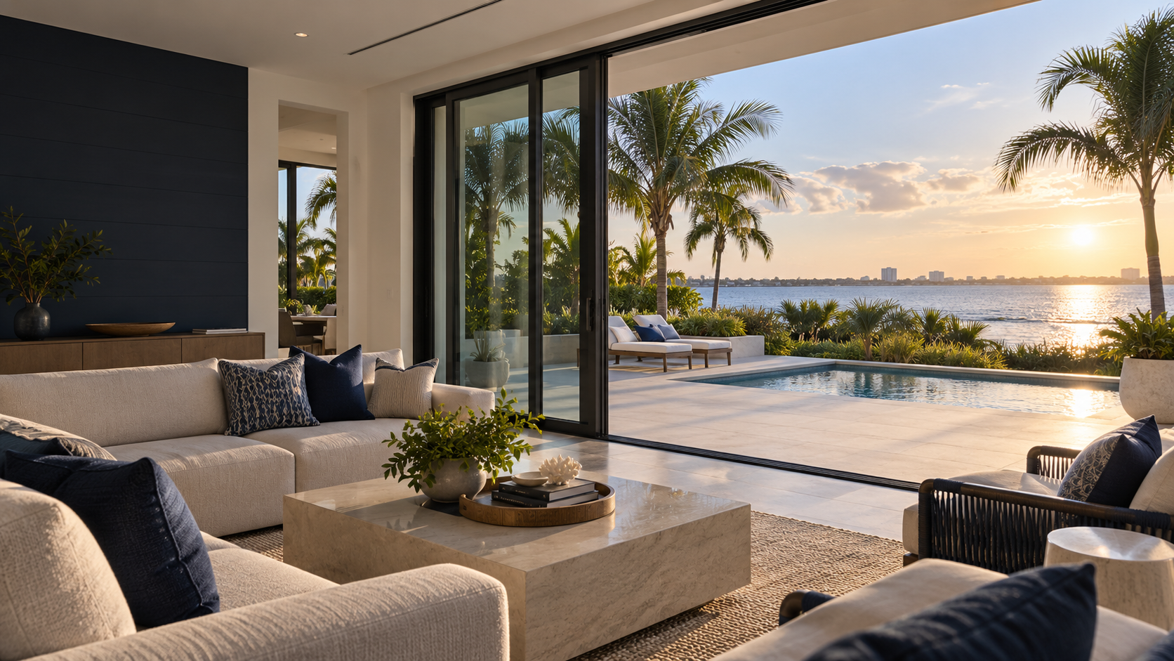 Architectural inspiration: expansive sliding glass doors opening to a waterfront terrace